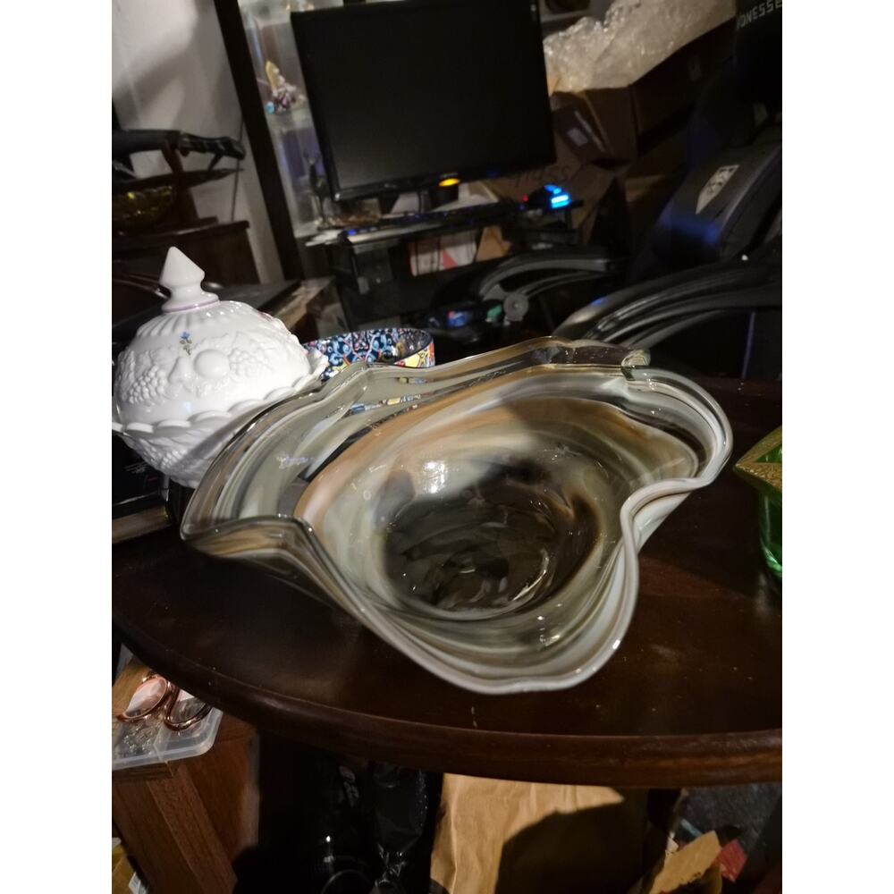 Vintage Hand Blown Art Glass Bowl Featuring Brown Black And White Swirl...